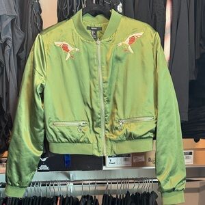 Forever 21 Green Bomber Jacket with Embroidered Birds